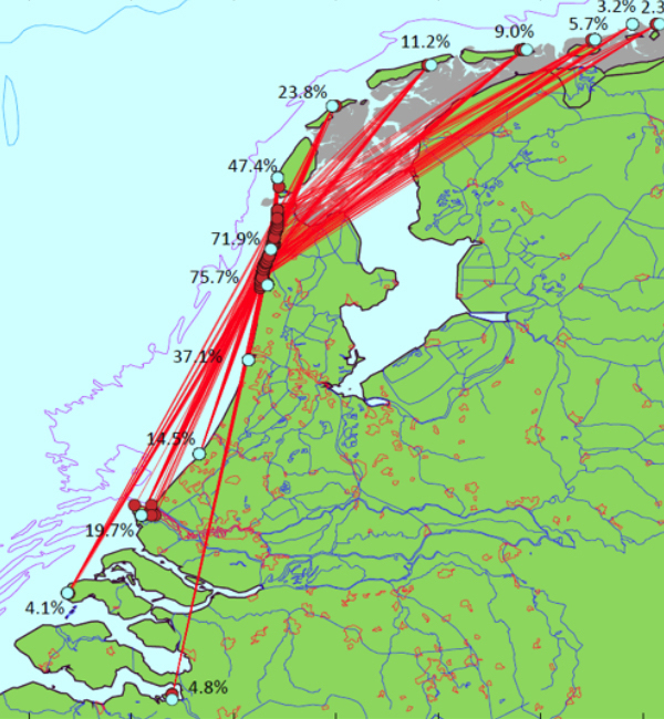 Map showing all 14 colonies, in each 300 Herring gulls were ringed (1986-88), and their tendency to congregate in late summer in North-Holland.