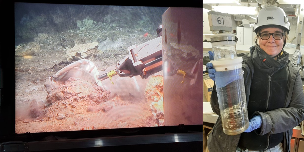Left: The ROV team attaches a net to the mechanical arm and use this to collect a big scoop of the bacterial mat and the sediment under it. Right: We already got a lot of material for my work. Here, I got some rocks and sediment from a chimney