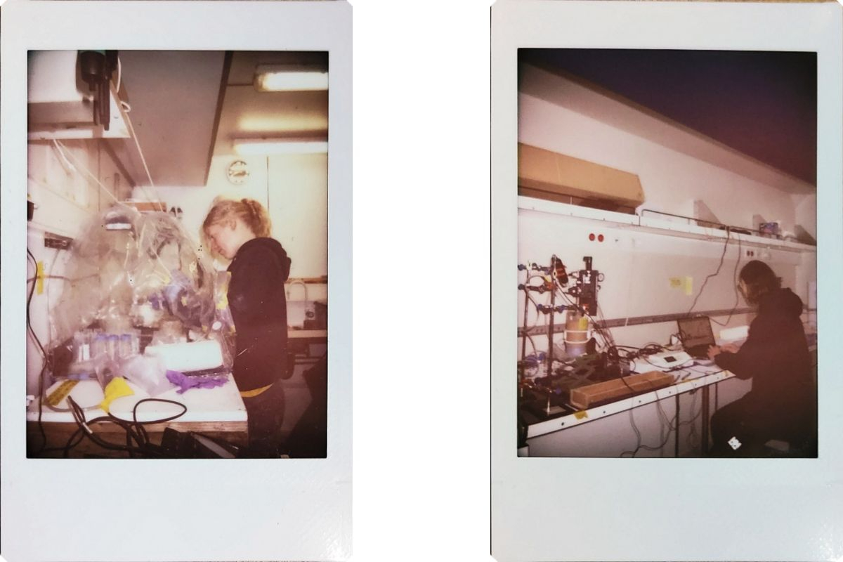 Left Figure: Abby working with sediment samples inside the glovebox. Right Figure: Oxygen sensor setup.
