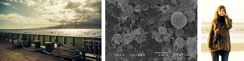 Photo 1: View from the ship over Tenerife (April 2016), on board RRV James Cook.  Photo 2: Coccolithophore bloom at 20m water depth offshore Cape Blanc (NW Africa), in April 2016. Photo 3: Catarina Guerreiro.