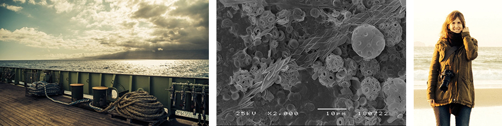 Photo 1: View from the ship over Tenerife (April 2016), on board RRV James Cook. Photo 2: Coccolithophore bloom at 20m water depth offshore Cape Blanc (NW Africa), in April 2016. Photo 3: Catarina Guerreiro.