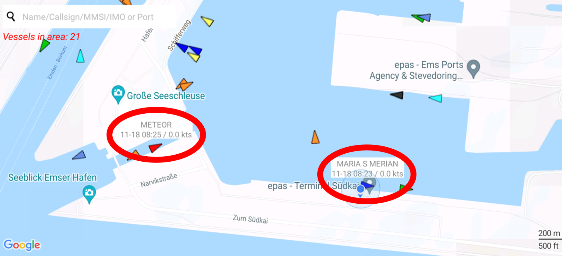 Screenshot of the Shipfinder app showing both RVs Meteor and Maria S Merian entering/leaving Emden harbour