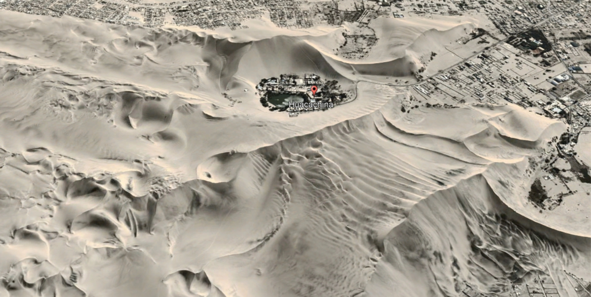 Google Earth image offering an oblique view of the dune field around the oasis Huacachina