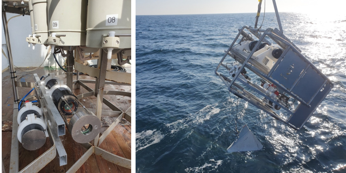 Left: The CPICS camera mounted at the bottom of the CTD rosette. Right: The instrument frame carrying the ISIIS, and various other sensors, before it is lowered in the water. Below the frame is a fin that stabilizes the frame as it is towed through water