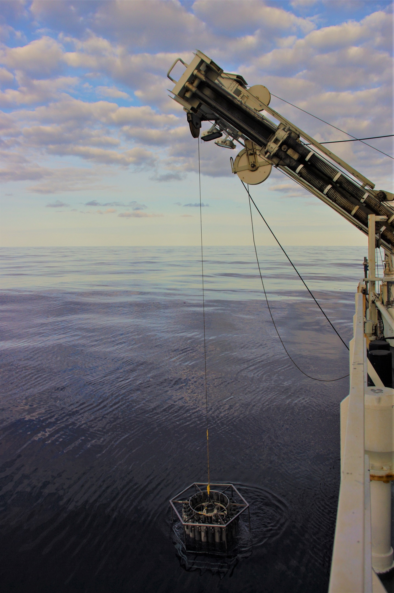 CTD is lowered into the water from the deck of Pelagia. Photo NIOZ, Eva Paulus