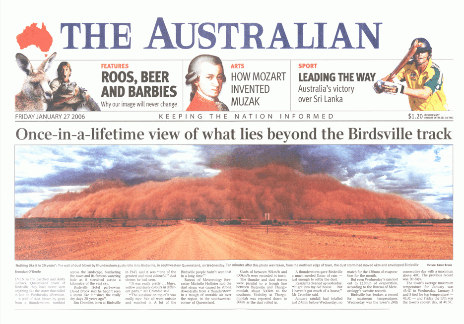 Frontpage of The Australian showing a dust storm in Birdsville