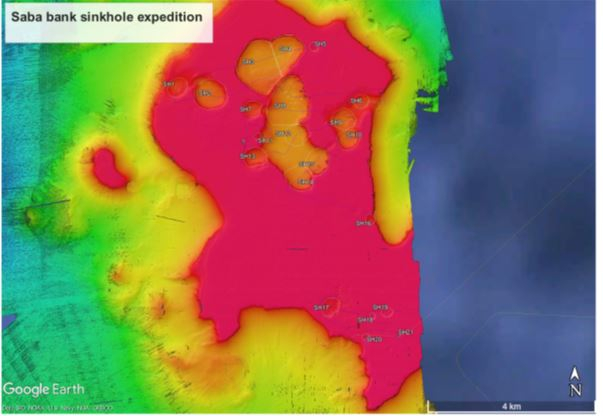 Een close-up van de Luymesbank en de verschillende zinkgaten. Bron: Erik Meesters (WUR Marine)