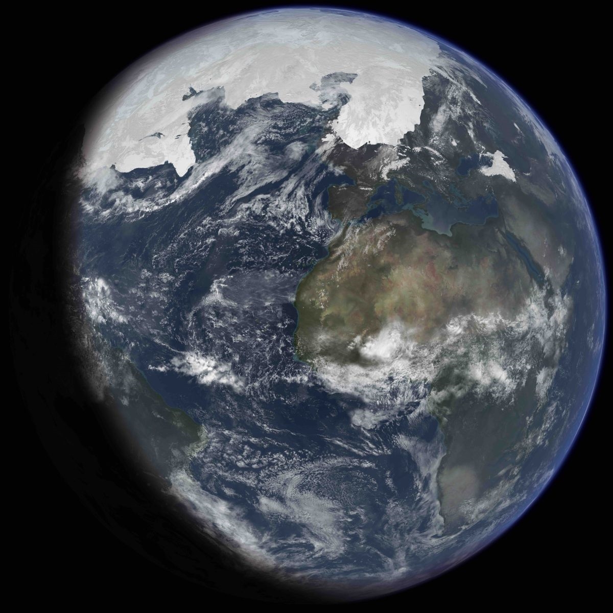 An artist's impression of ice age Earth at glacial maximum (based on: Crowley, T. J., 1995).