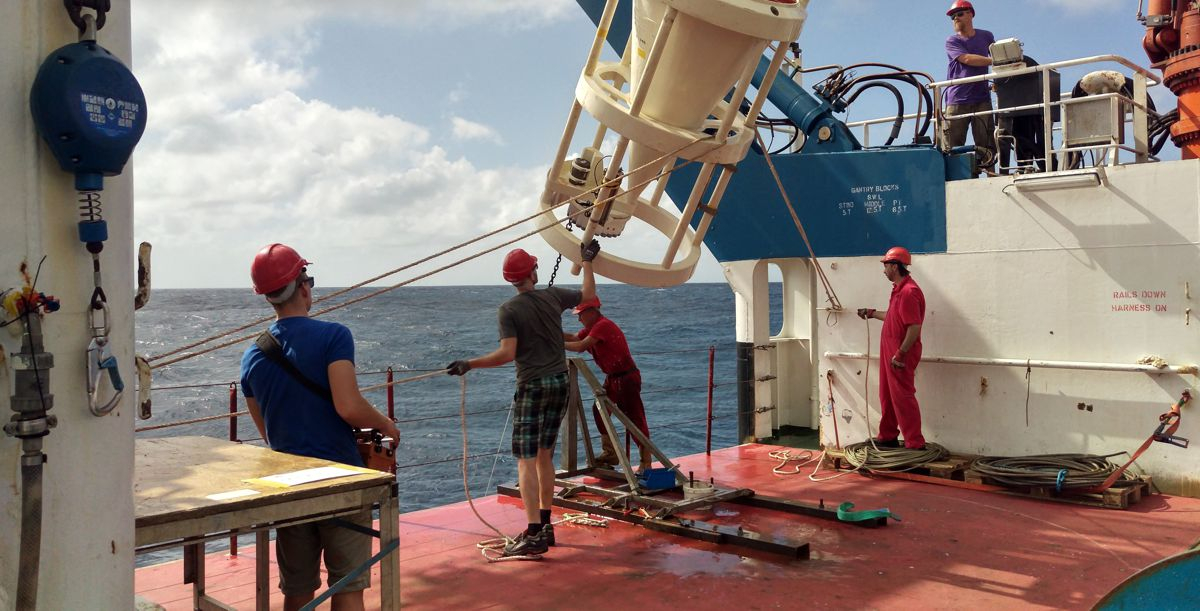 A sediment trap is being recovered from the deck of RRS James Cook