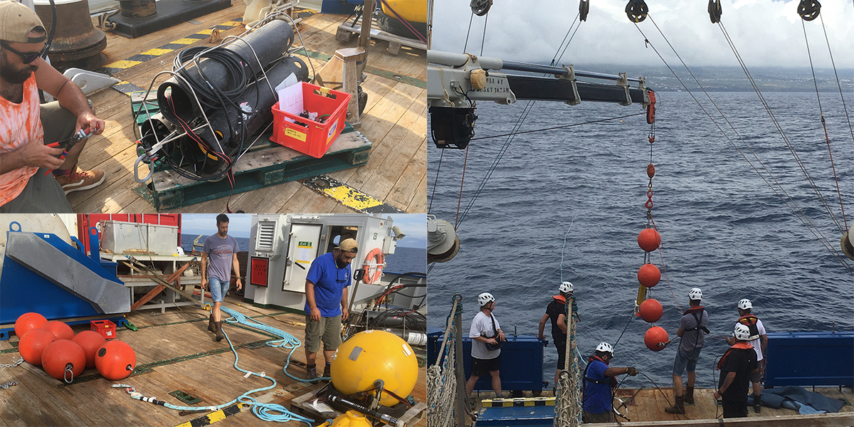 Bruce working on getting the mooring ready (to left). Bruce and Lorendz getting all the components of the mooring laid out for a smooth deployment (bottom left). All hands on deck for the safe deployment of the mooring in Cuvier’s beaked whales’ habitat.