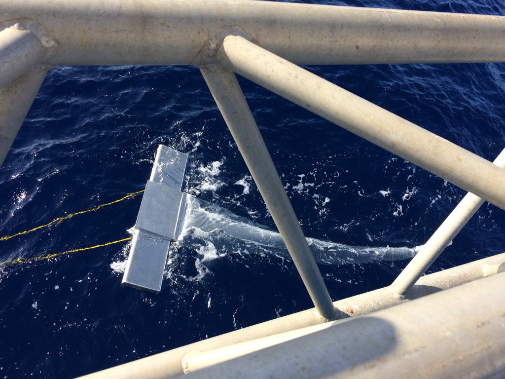 A special net, the Manta Net, fishes for microplatics on the surface of the Atlantic. Photo: Catharina Pieper.