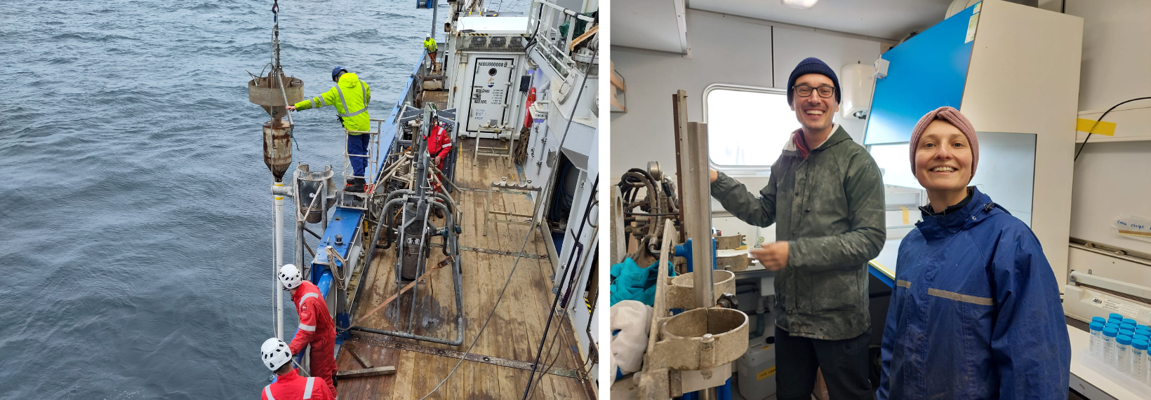 Left: Piston core being prepared by the Pelagia crew to make the journey towards the sea floor and back. Right: Team Paleoceanography.