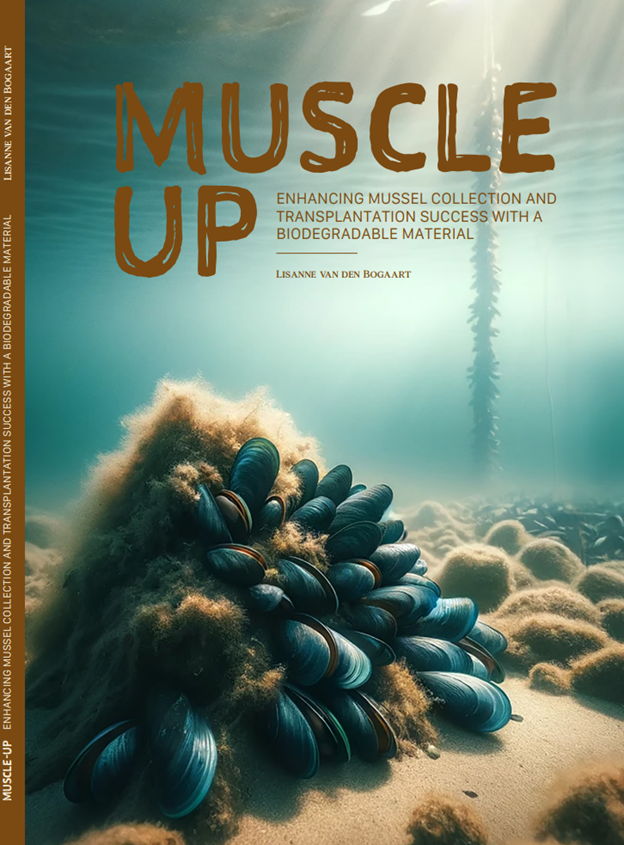 Cover of the thesis 'Muscle-up: enhancing mussel collection and transplantation success with a biodegradable material' by Lisanne van den Boogaart
