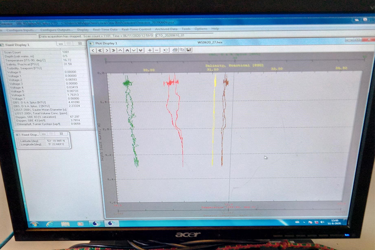 A CTD measurement from our sampling location. No stratification in the water column and warm Wadden Sea water. Photo: NIOZ, Julia Engelmann