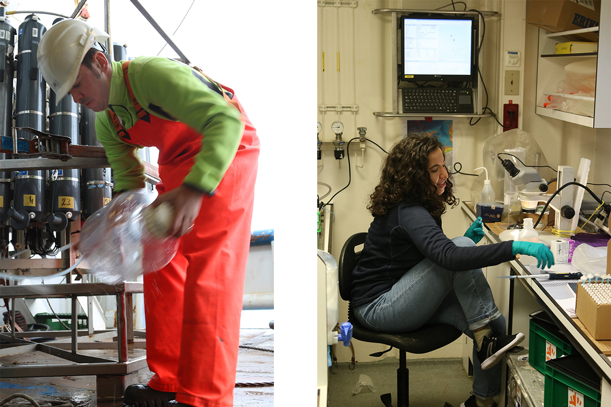 Victor Hernando Morales preparing a CTD water sampler and sample flasks and Emna Zeghal investigating micro plastic pieces with a microscope, photo: NIOZ