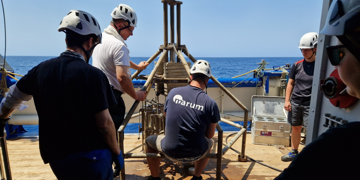 The multicore is prepared on deck before it is lowered to the sea floor 5km below us