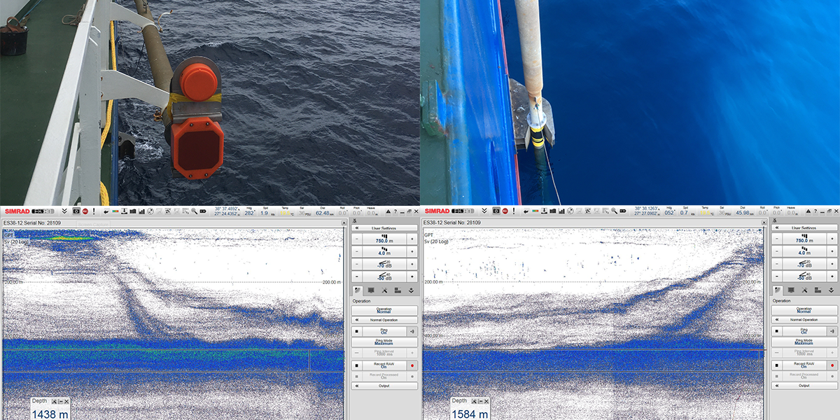 The two echosounder transducers, mounted on an articulated pole, sit about 2-4m below the surface when deployed (top). Screenshots of echograms from the 38kHz transducer showing upwards and downwards migration of the scattering layer (bottom).