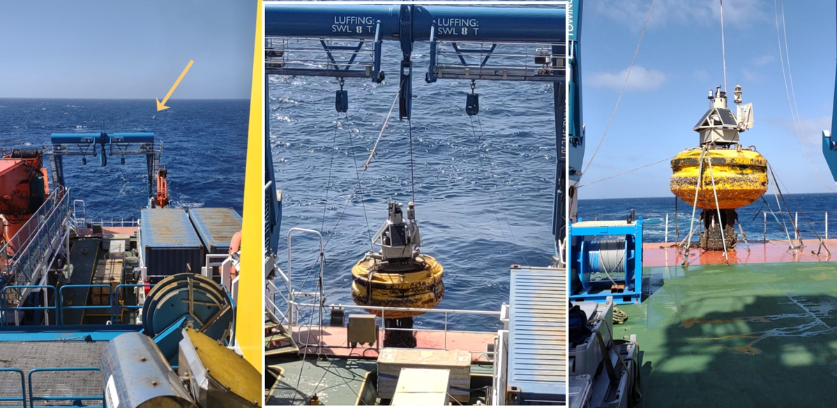 L2R: Buoy Carmen at sea | while being recovered | standing on deck of RRS Discovery (photos by Stewart Mackay)