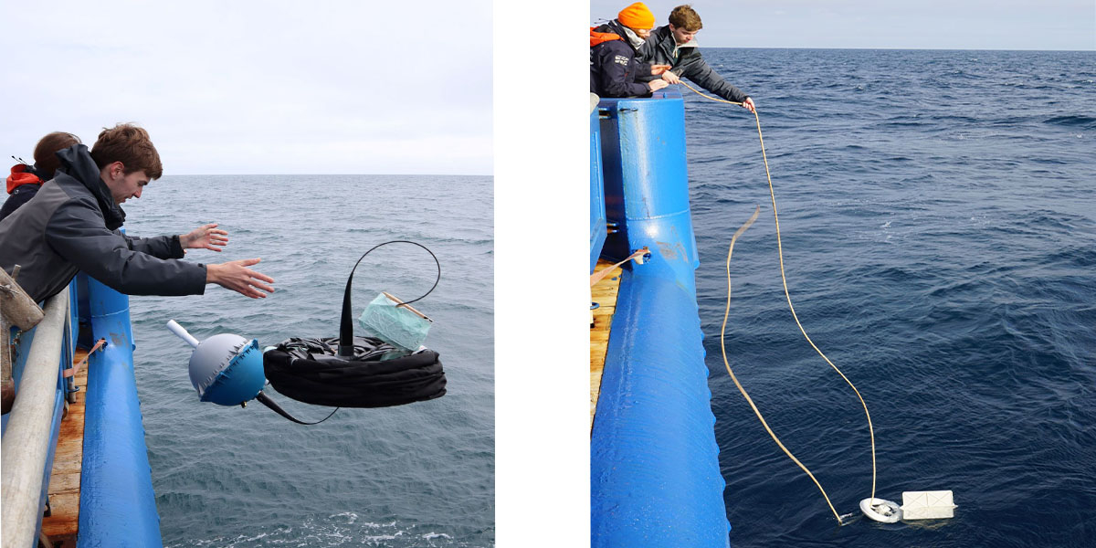 Pictures 3 & 4: Deployment of a SVP (left) and a CARTHE (right) drifter. Photos from Fleur Wellen and Femke de Jong.