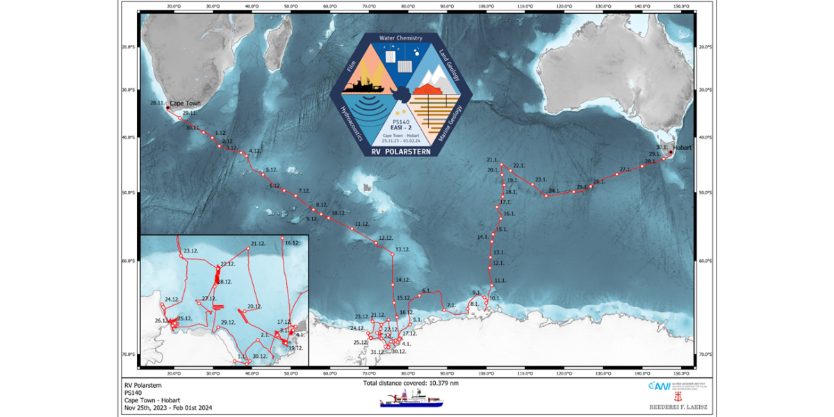 The full expedition track and logo of the EASI-2 expedition. Our work in Prydz Bay is shown in the inset. Map: Andreas Winter