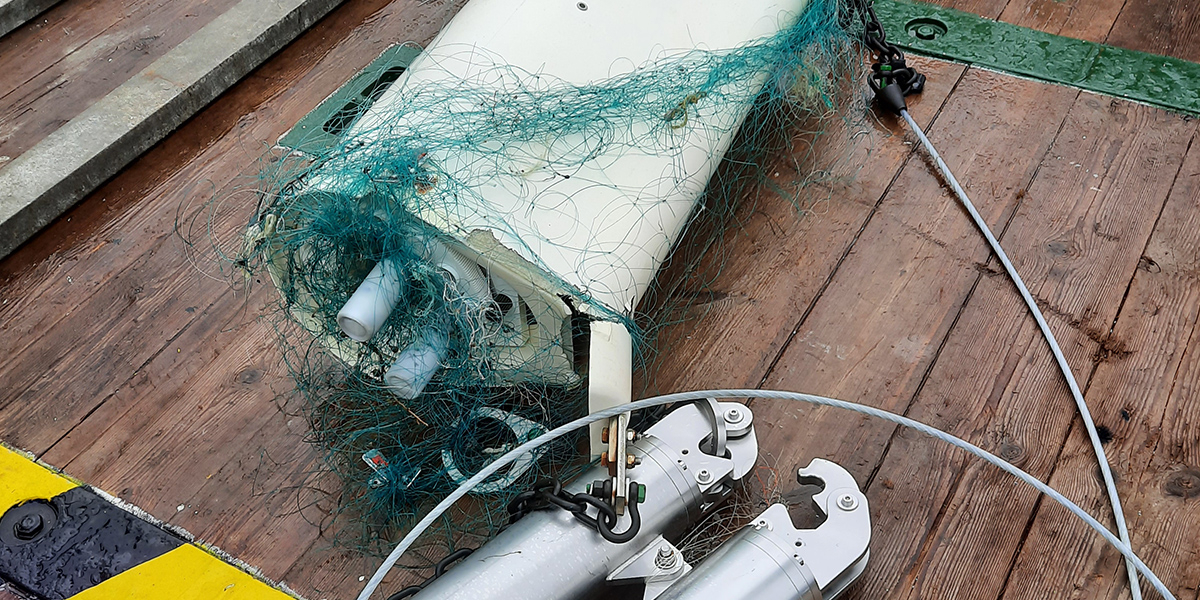 A fishing net was keeping the mooring at the seafloor. Photo: Furu Mienis