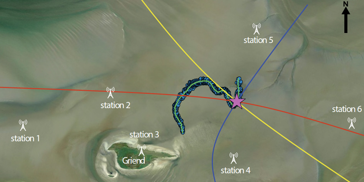 The principle of TOA tracking explained for the position of a transmitter (star).