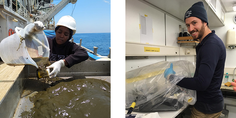 (L) Veronica, our collaborator from the University of Namibia, sieving the smelly mud to see if there are any larger organisms. (R) Working in the glovebag, to prevent any oxygen from reaching our samples.