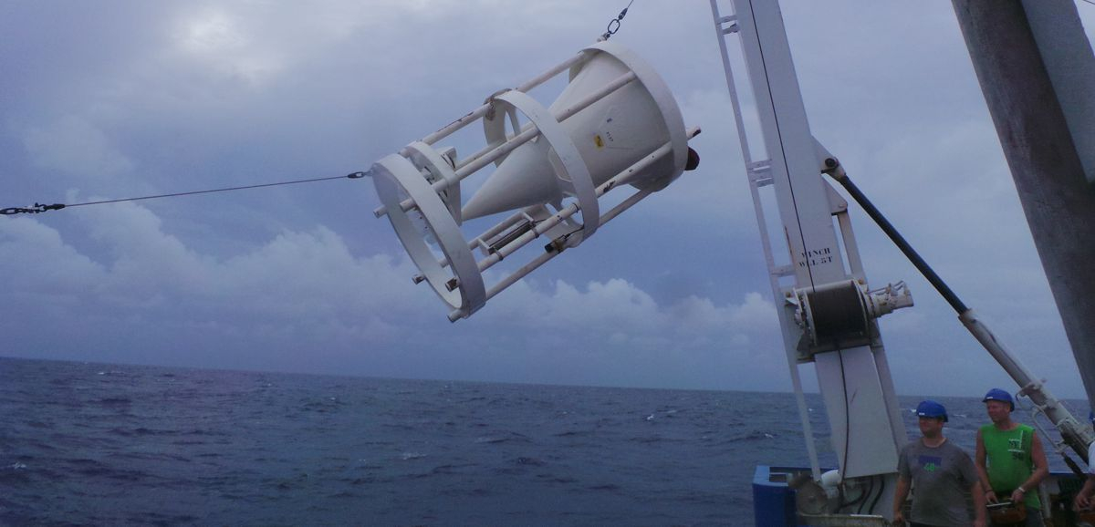 A sediment trap is being recovered from on board RV Pelagia