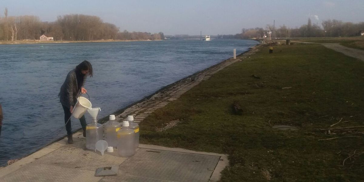 Sampling of the Rhine River water, March 2016, Karlsruhe.