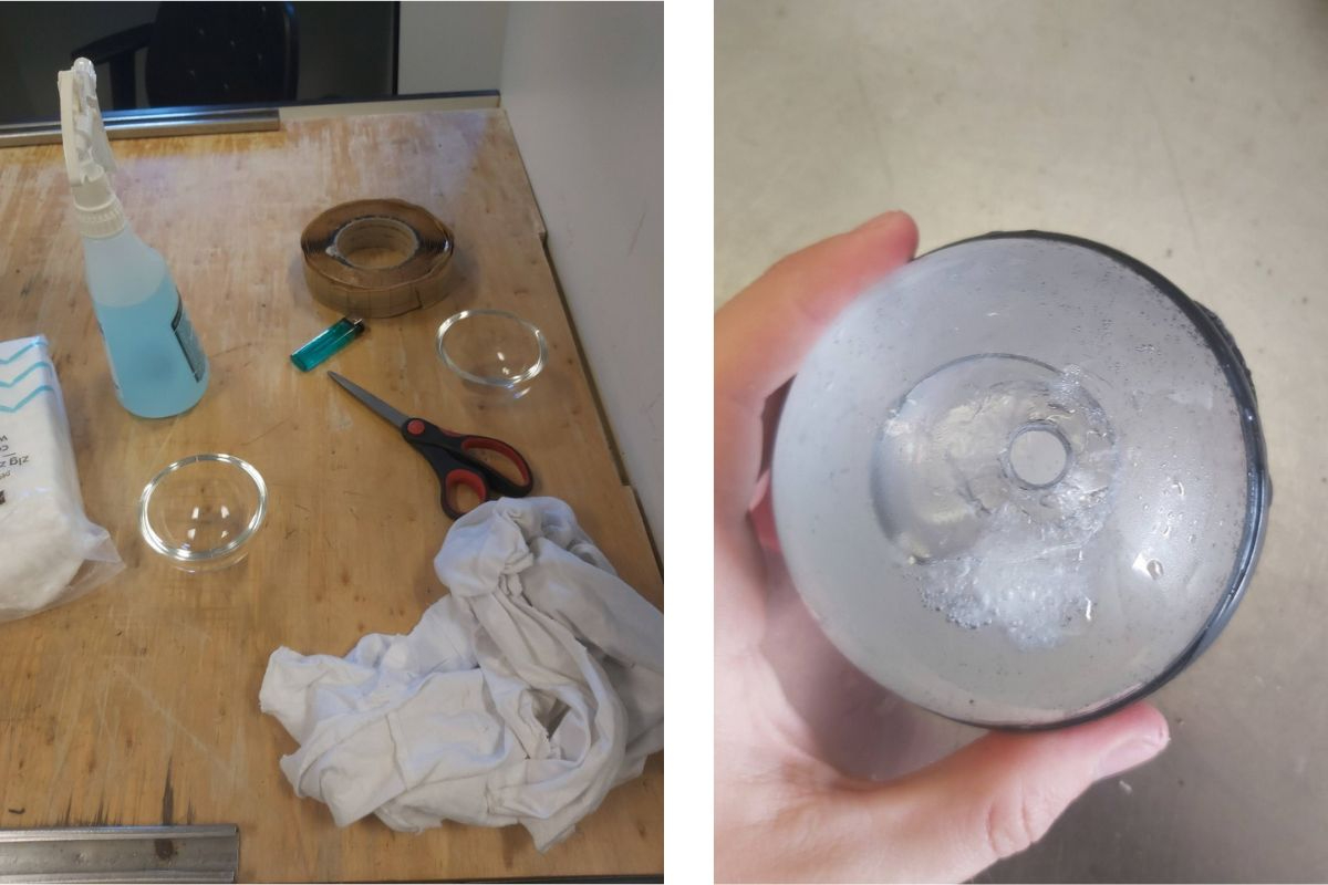 Left: Assembling the glass sphere. Right: The glass sphere was successfully broken by the spherecracker. Photos: Luca Possenti