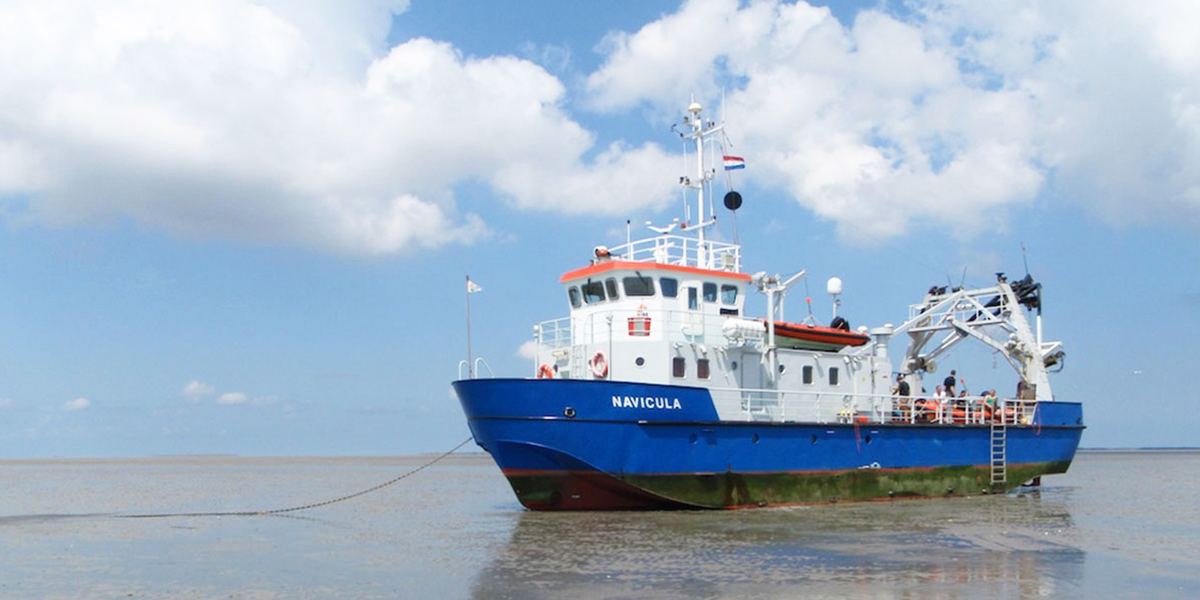 RV Navicula on a tidal bank.