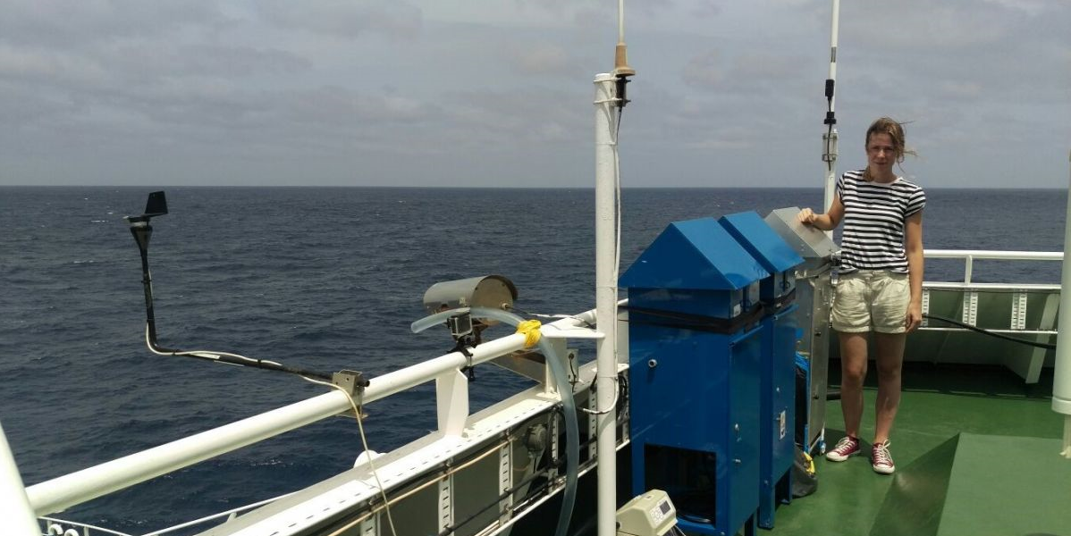 On top of the bridge of R/V James Cook crossing the North Atlantic collecting dust samples