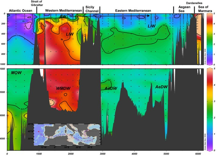 Concentration of dissolved zinc in the water column (depth in meters, width in kilometers). The striking red area with very high concentrations of zinc in the wester part of the Mediterranean Sea was one of several surprising findings.