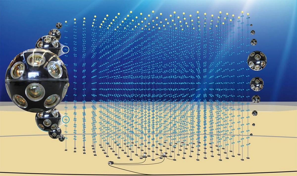 Een animatie van de KM3NeT neutrinotelescoop. 