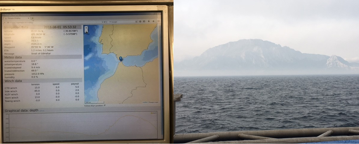 On board electronic chart showing ship position, and Moroccan cliffs in rising sun on African side of Strait of Gibraltar. Photo: Erik Zettler.