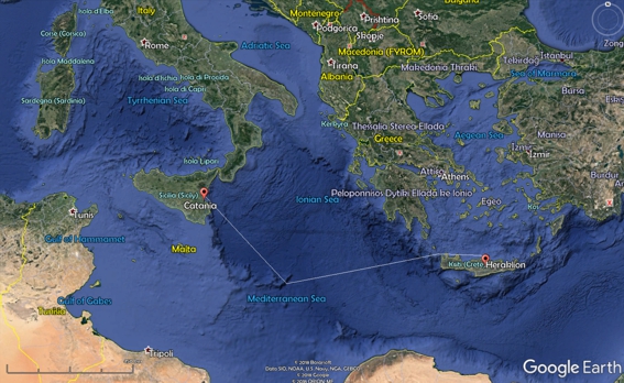 Map of the Mediterranean area where 64PE443 takes place