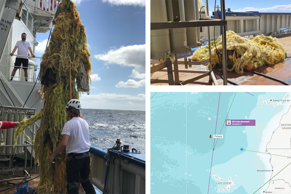Today the RV Pelagia crew fished approximately 500 kilos of plastic from the sea, mostly nylon rope.  In this area (between Cape Verde Islands and the Canaries) we see a lot of plastic in the sea 