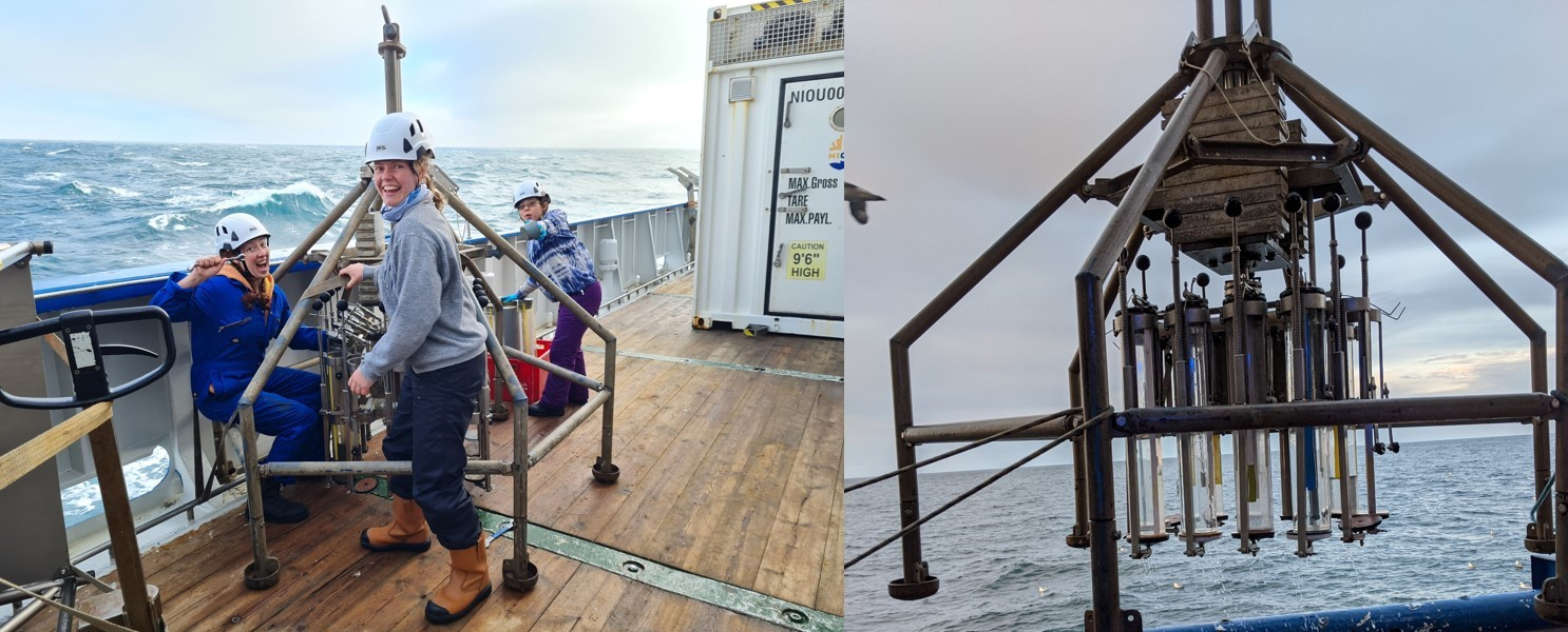 Left: Team members Amber, Rhiannon and Xiangming looking delighted about the sediment cores in the multicorer (Photo: Sharyn). Right: Bringing the multicorer back on deck, with core tubes full of clear deep water rather than sediment (Photo: Amber)