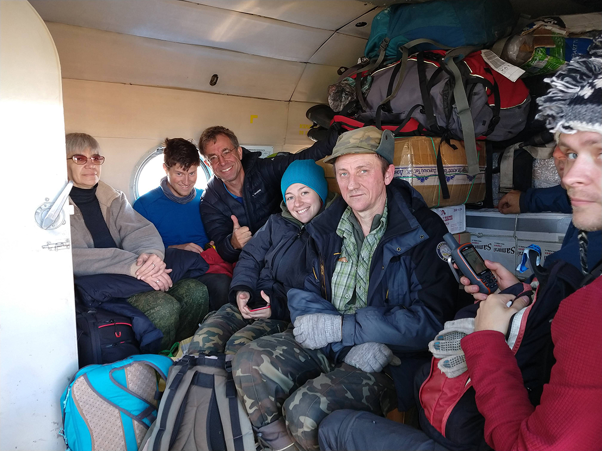 6 June 2019 A fully stuffed helicopter ready to take off from Khatanga (with 6 out of 8 expedition members on the picture: Anastasia Popovkina, Thomas Lameris, Jan van Gils, Maria Sukhova, Viktor Golovnyuk, and Misha Zhemchuzhnikov).