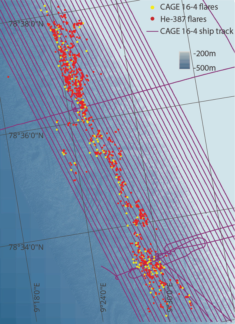 Gas flare locations in the study area. The yellow dots represent seeps observed during the winter, while the red dots represent seeps observed during the summer. During the colder season  they decrease their emissions by 43 percent. Credit: B. Ferré/CAGE