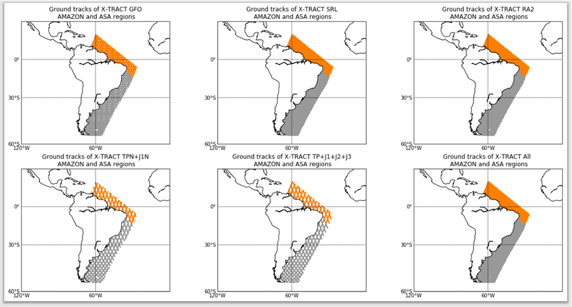 Fig. 2. Coastal altimetry ground-tracks from X-TRACK product of the AMAZON (orange) and ASA (grey) regions (© Carolina Camargo).