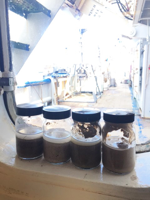 Representative sediments collected along our voyage from coarse gravels to fine clays with the Box Corer used to collect them in the background.