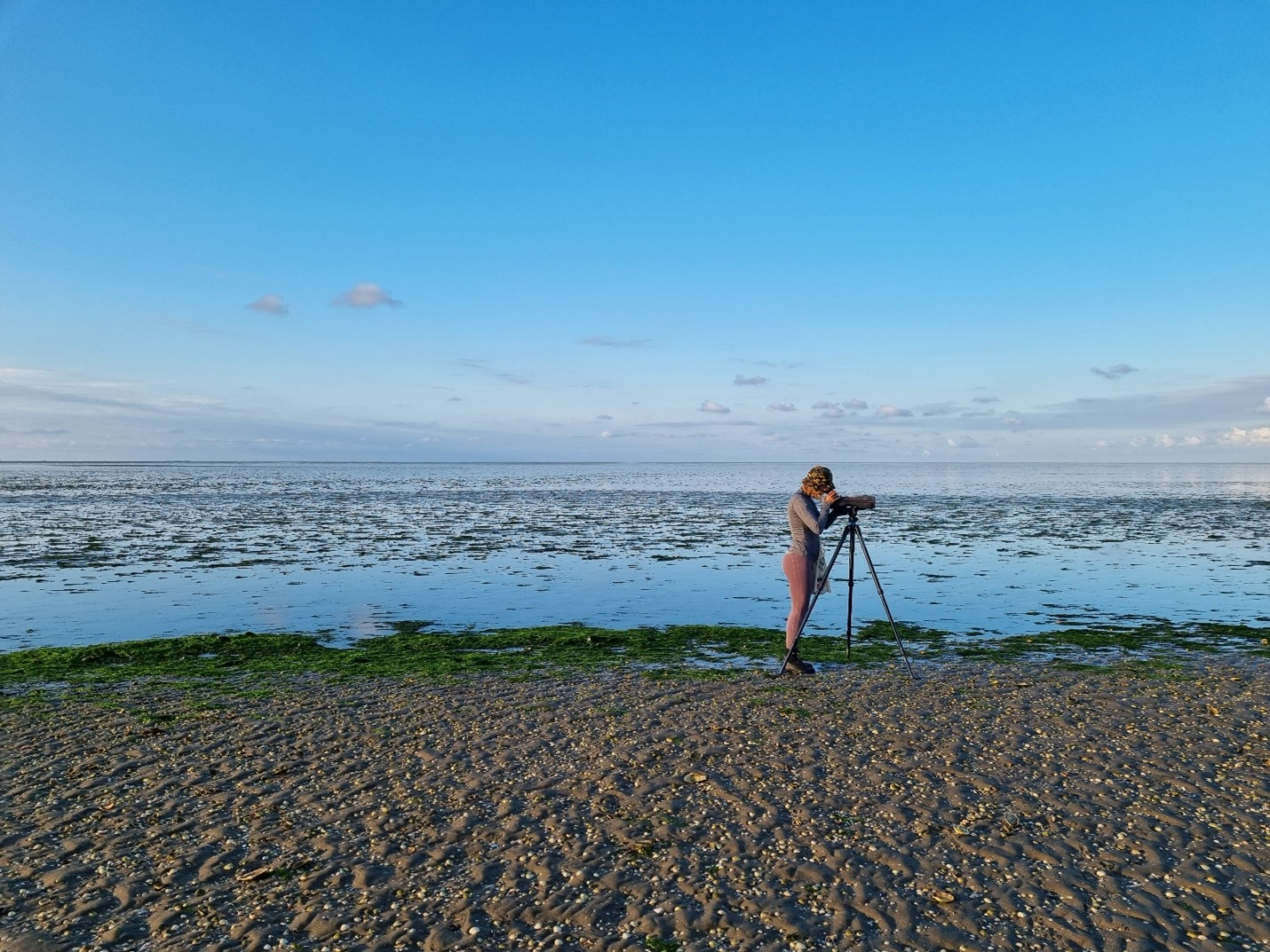 Janna observeert de wadvogels (Foto: Evy Gobbens) 