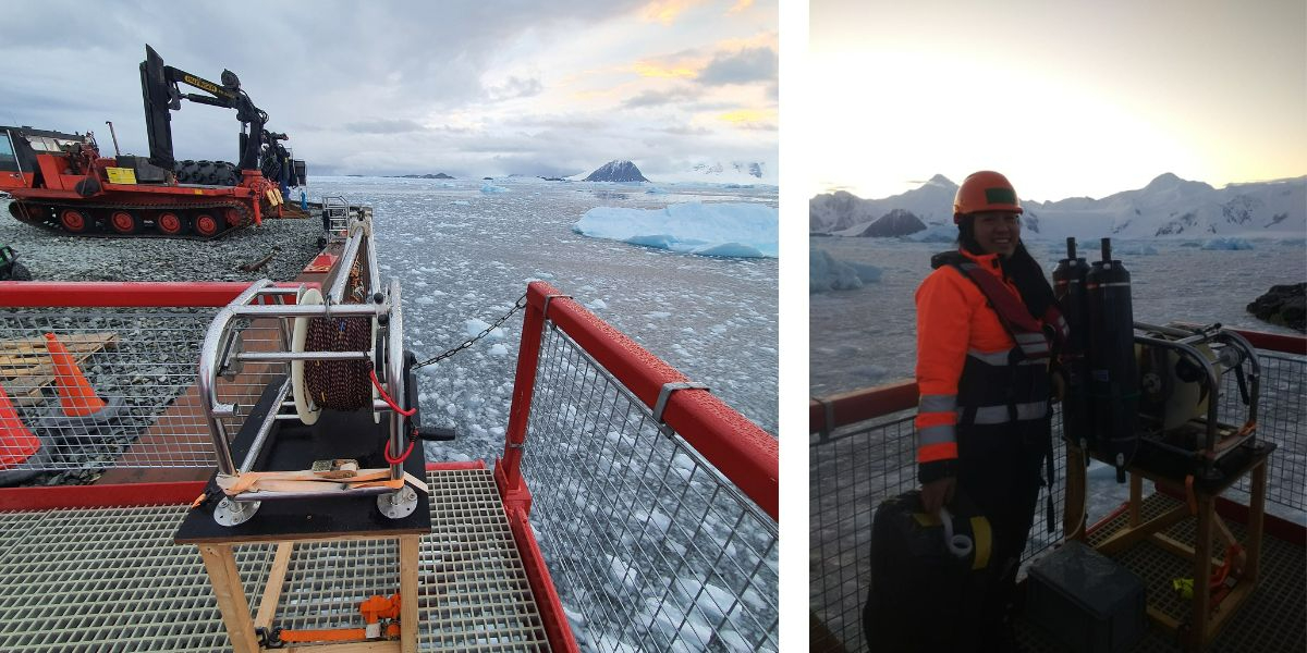 (L) Rothera wharf sampling winch (R) Preparing to collect samples from the wharf on a chilly morning. Photo: Swan Sow, Aurelia Reichardt