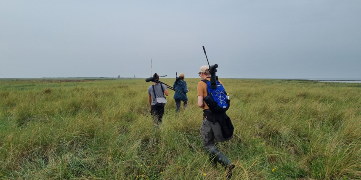 Tim Oortwijn, Emma Penning en Timo Keuning lopen over het eiland om vogels te tellen (foto: Evy Gobbens)