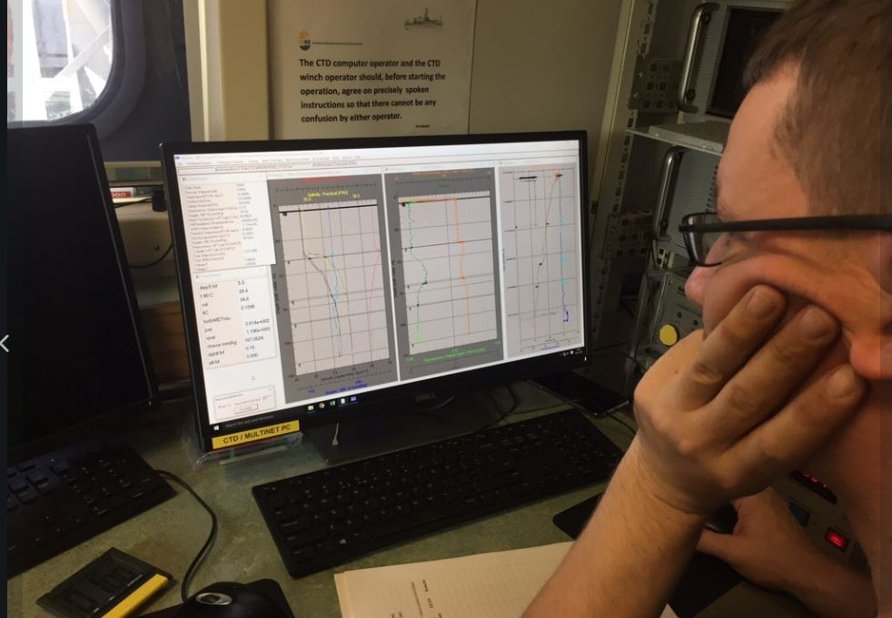 The first data from the CTD rosette, for all sorts of chemical and biological analyses. Photo: Matthew Humpreys