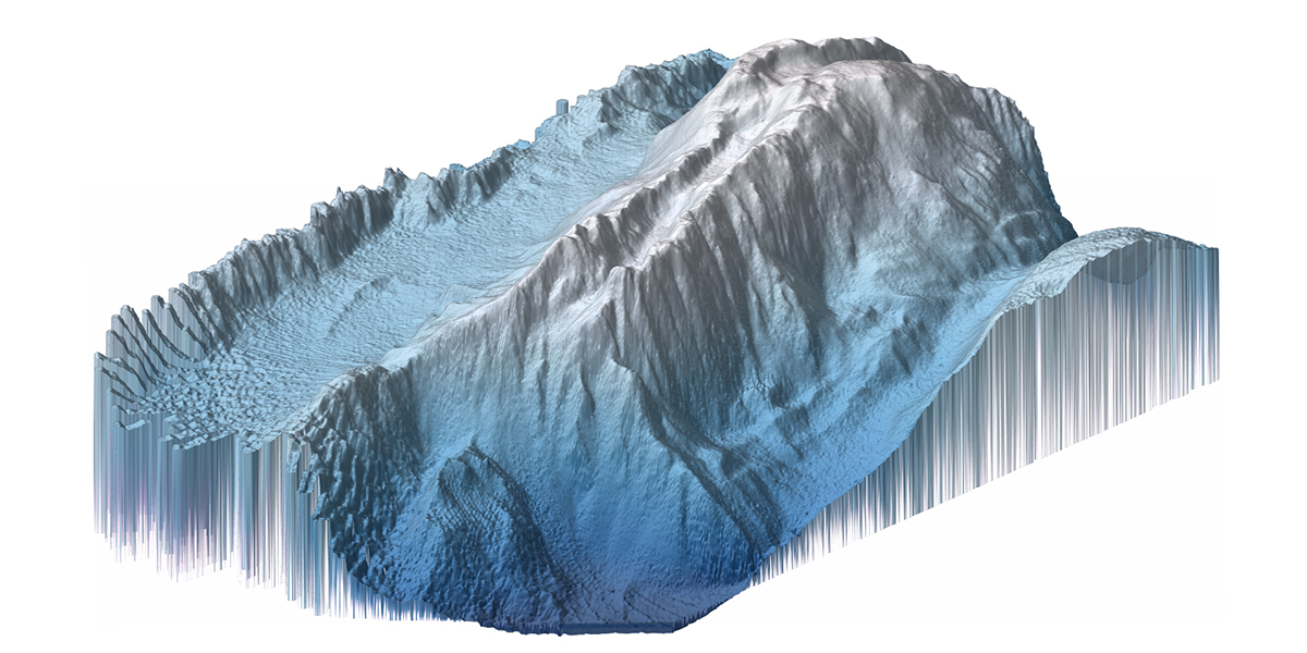 3D image of the Schulz Bank with bottom located at 1500 metres below the water surface and the summit at 600 metres. Copyright: SponGES project