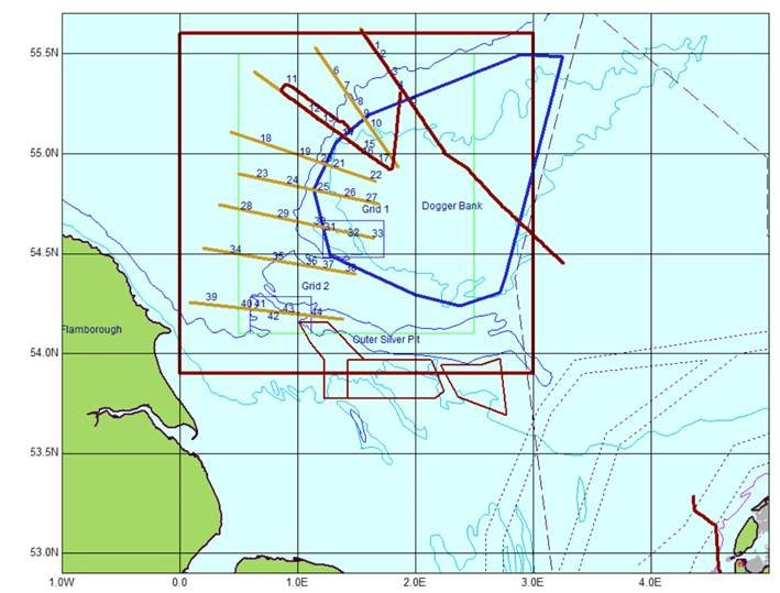 Survey tracks (thick red, not the biq square) are: departure from Marsdiep (16 June), across the Dogger plus the first scheduled transect (17 June) and the third scheduled transect plus a return journey to facilitate the zooplankton frame (18 June)
