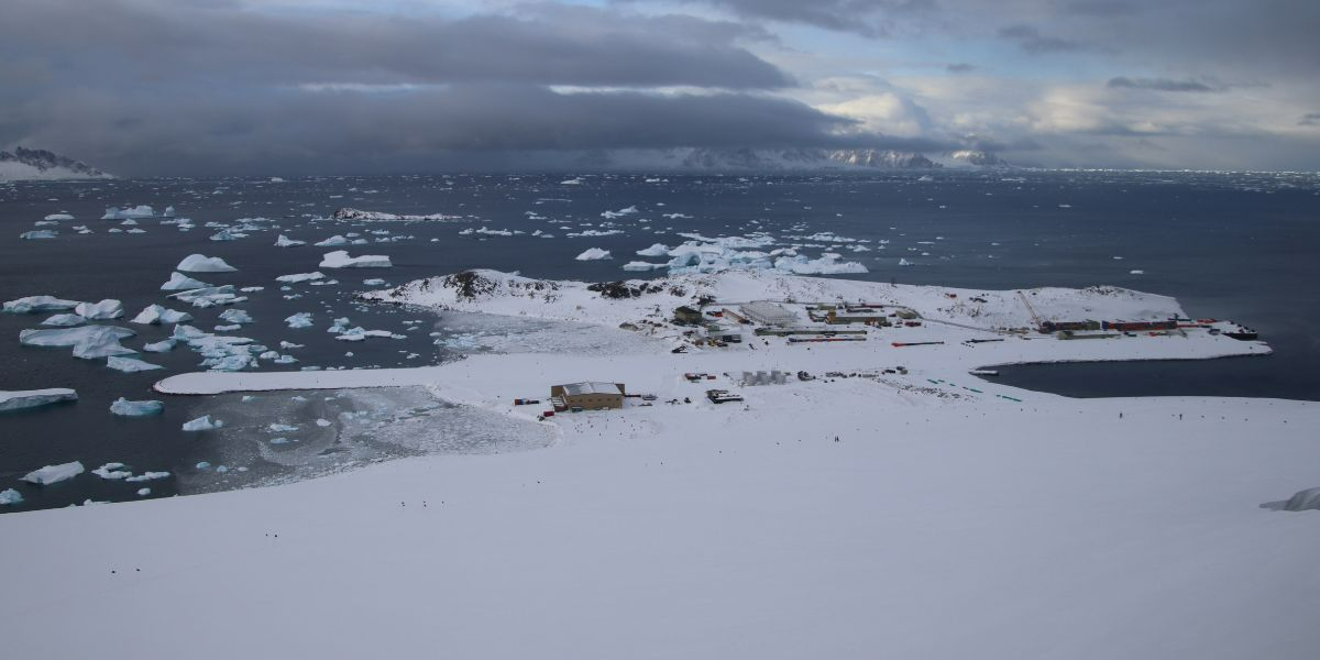 Birds-eye view of Rothera Research Station on a (relatively) clear day, taken from the Reptile Ridge peak. Photo: Swan Sow