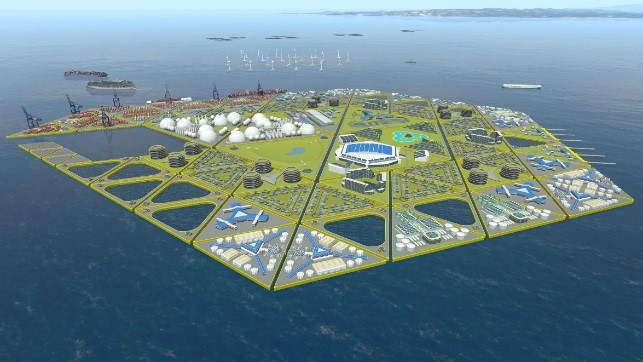 Schaaltesten van  drijvende modulaire platforms op zee (uitgevoerd bij Marin in Wageningen als onderdeel van het Space@Sea project) en toepassing als drijvende haven of energie-eiland (ontwerp MARIN). 